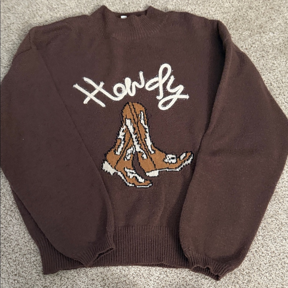 Le Lis Brown Crewneck Sweater with 'Howdy' Design